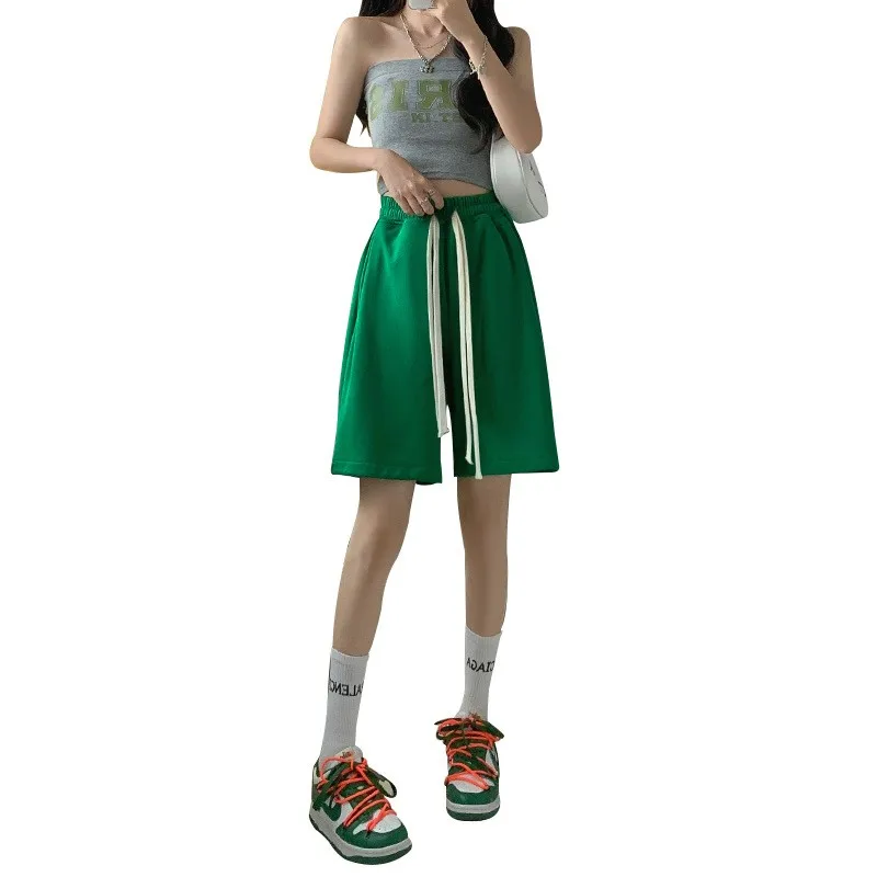 ピンク スポーツ レディース 夏 薄手 ハイウエスト ルーズ スリミング ファイブクォーター ストレートレッグ スウェット カジュアル パンツ H975