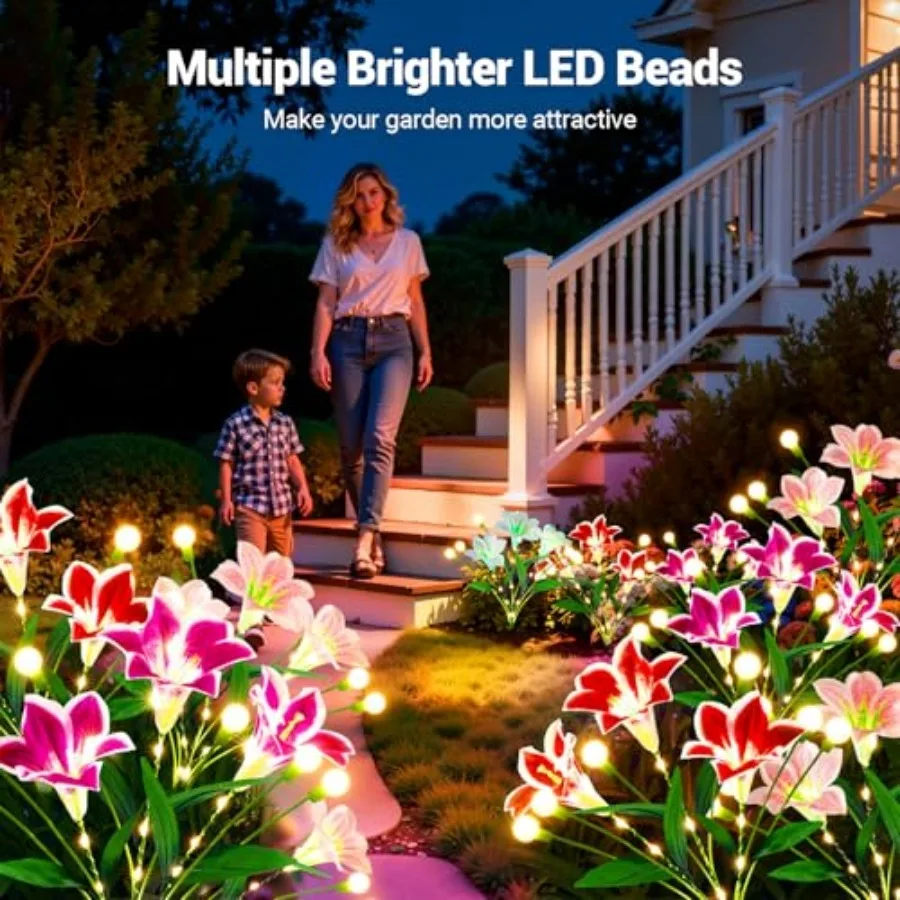 Upgraded Solar Garden Lights Outdoor: 4 Pack 2-in-1 Solar Firefly Swaying Light with Lily Flower and Glowing Stem Waterproof Ga