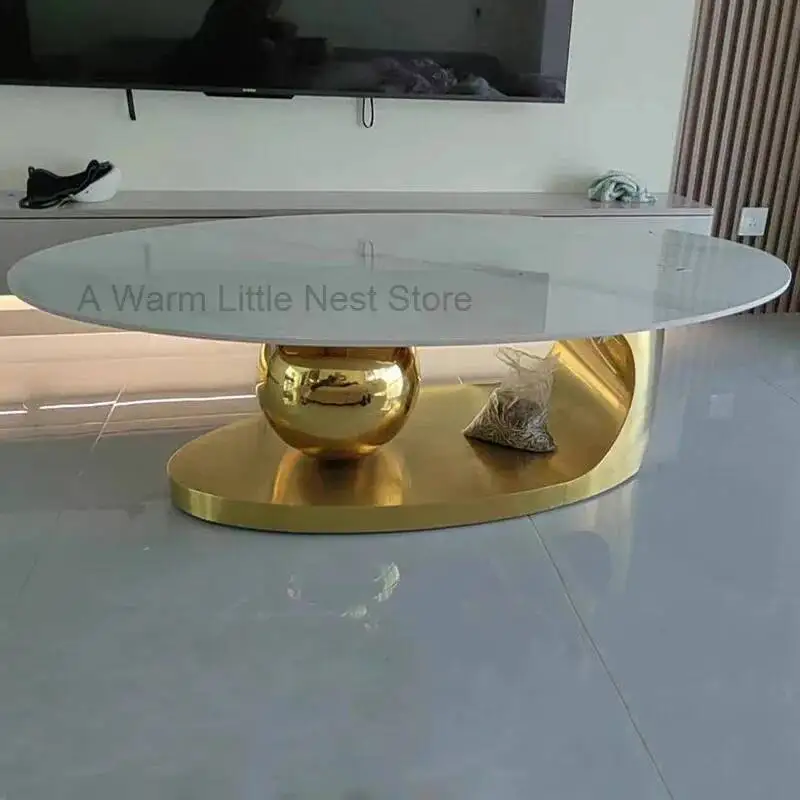 Nordic Luxury Slate Coffee Table for Living Room, Metal Base Central Table, Couch Table, Fashion Ellipse Tea Table, Sofa Side