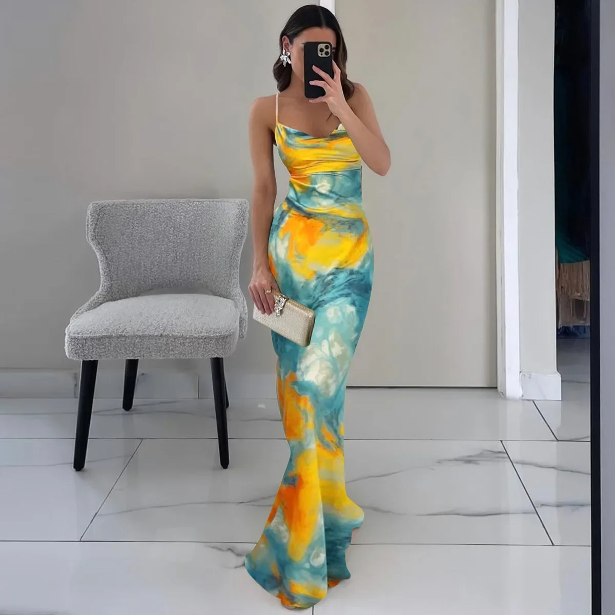 

Fashion Tie Dye Maxi Dress Women Elegant Spaghetti Strap Slim Evening Party Dresses Summer Sexy Backless Beach Holiday Dress