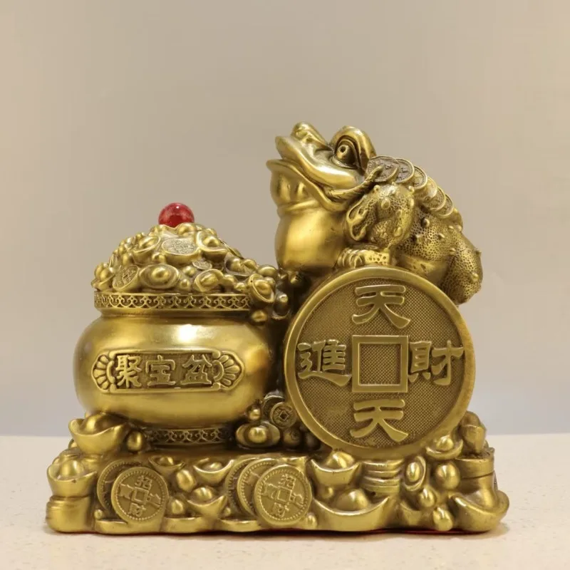 Vintage Copper Three Legged Toad Sculpture Fortune Jar Coin Pattern Feng Shui Table Mascot for Wealth Good Luck Decor