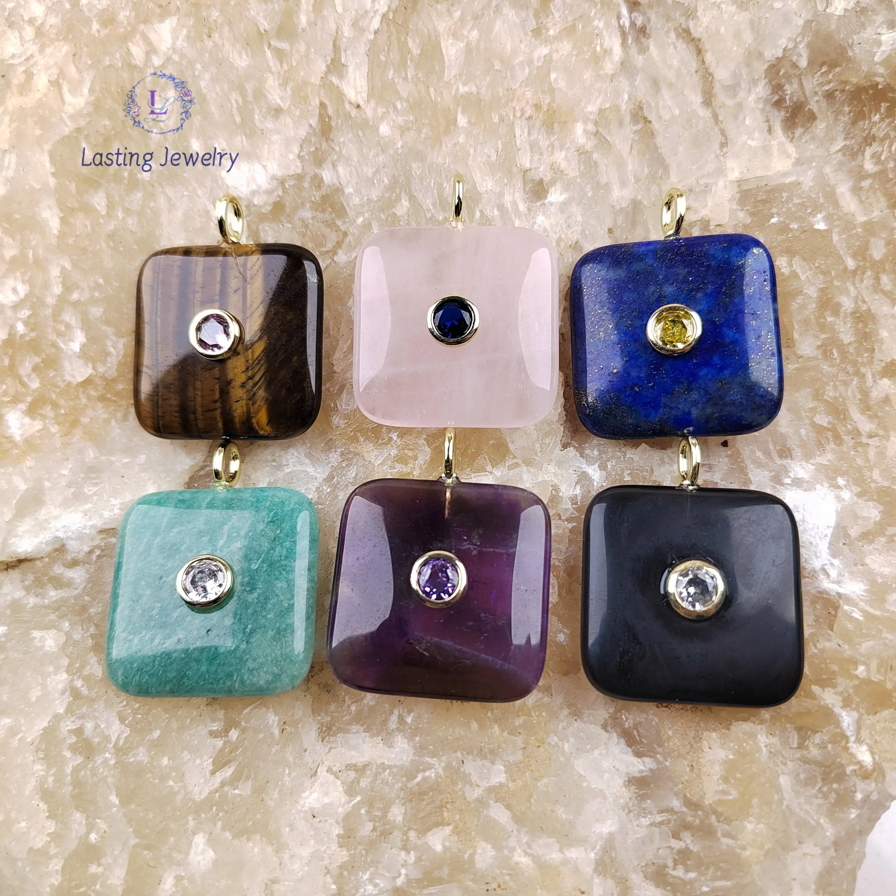 

25mm Square Quartz Pendants With Inlaid Colored Zircon Beads Healing Crystal Amethyst Lapis Charms For Necklace Jewelry Making