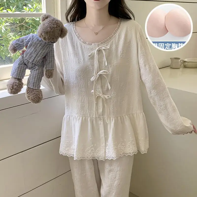 

Новый модный женский комплект пижамы с длинными рукавами и брюками: милый мультяшный дизайн, приятный к телу, дышащий, для дома и учебы, весенняя коллекция.