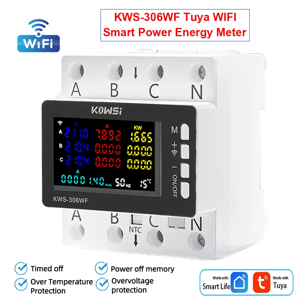 

KWS-306WF Tuya WIFI Smart Power Energy Meter AC 85-290V 80A 3 Phase 4-wire Guide Rail Current Voltage Protector Relay Switch