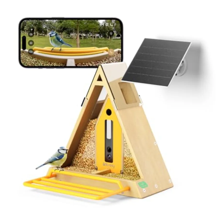 

Smart bird feeder with camera for outdoor use made of durable green material solar powered features AI bird identification live