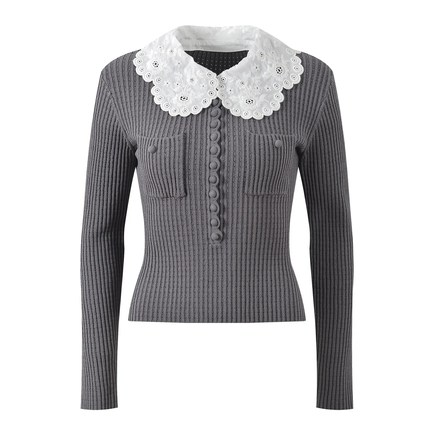 

Women's Front Button Sweater with Detachable Lace Peter Pan Collar Long Sleeve Slim Fit Elegant Jumper Spring 2026