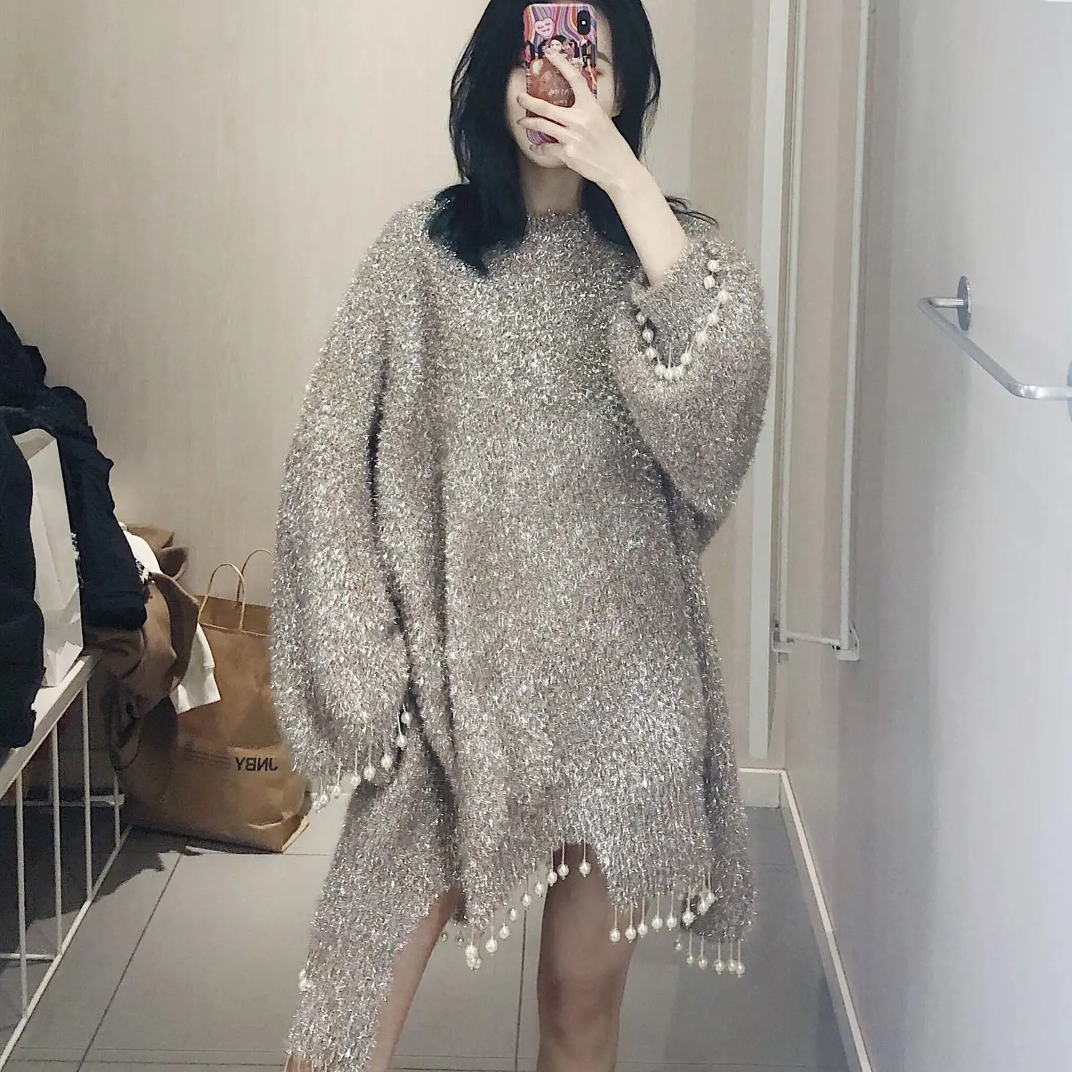 Beaded Sweater for Women 2023 Spring Autumn Loose Long New Korean Style All-Matching Shiny Grey Sweaters Pullovers Femme