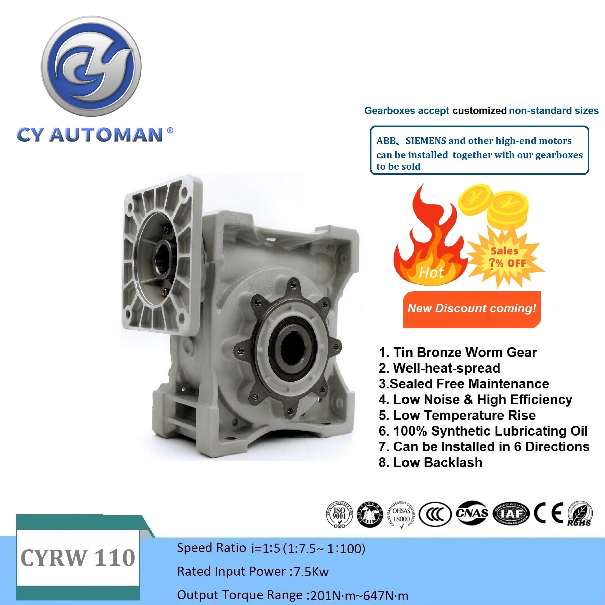 

CYAutoman Iron Gearbox Reducer NMRW110 Input 19/24/28/38mm Output 42mm Ratio 5:1/100:1 CNC Speed Gear Reducer GW≈31.5Kgs