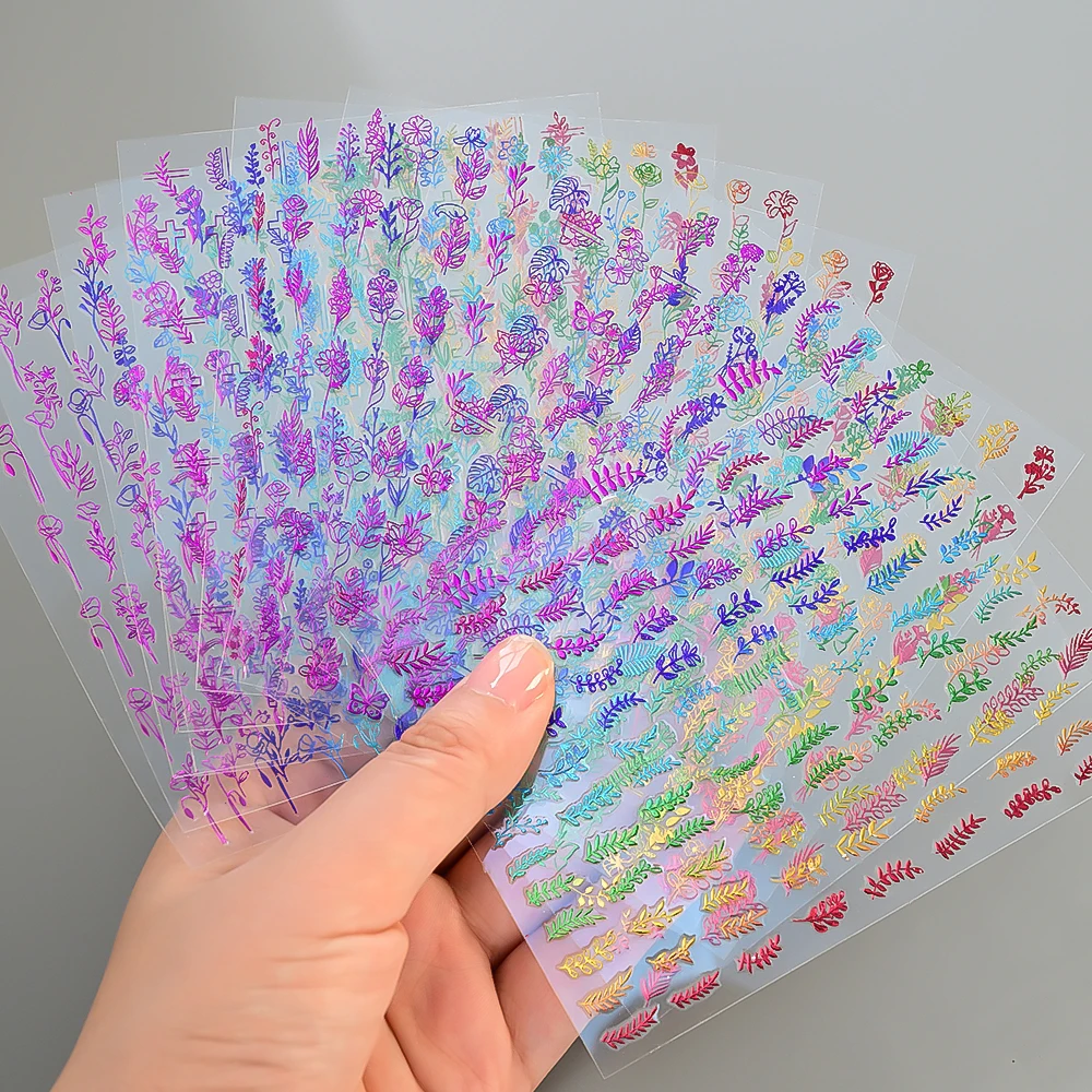 12PCS 3D Gradiënt Regenboog Bloemen Nail Art Stickers Vlinders Bladeren Rozen Nagelstickers Zelfklevende Kleurrijke Manicure Slider