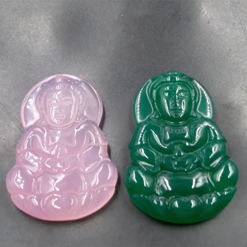 And , Large Pink Agate Pendant, Green Chalcedony Guanyin
