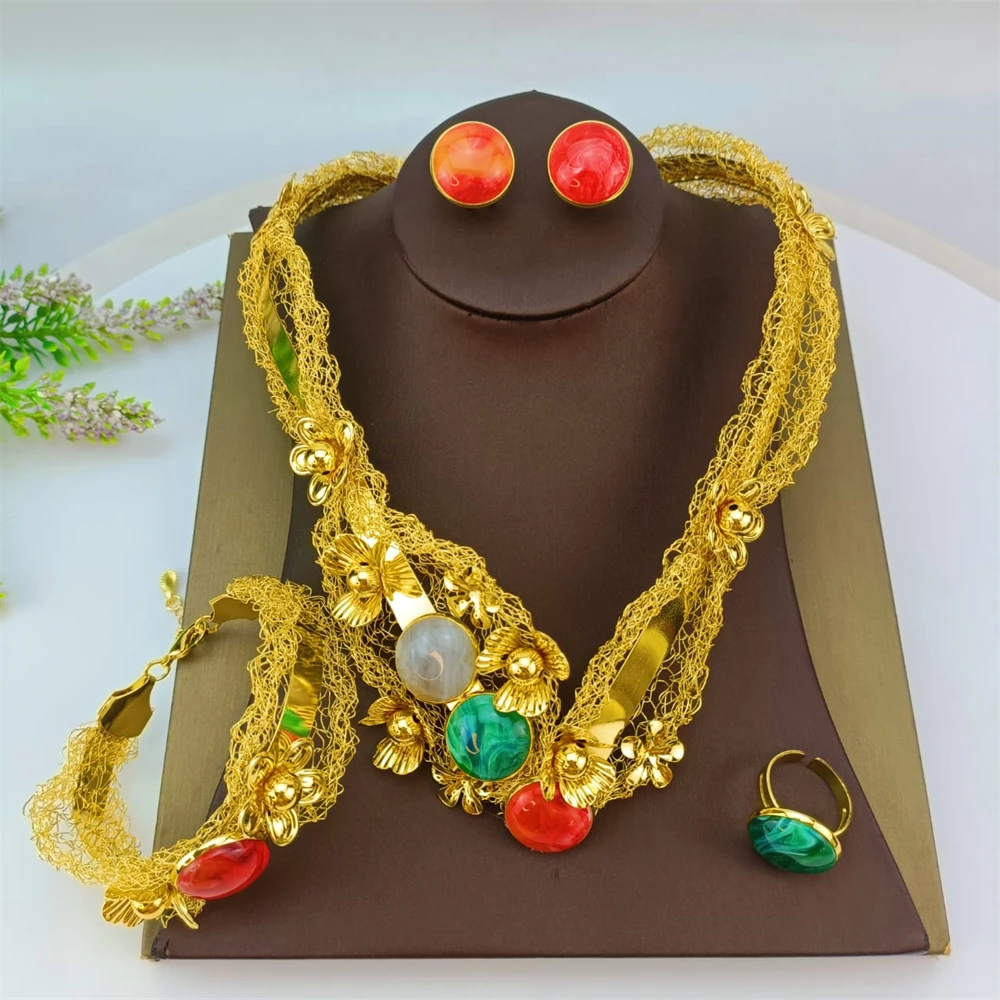 EMMA مجموعات مجوهرات ذهبية اللون فاخرة قلادة أقراط سوار خواتم مجموعات مناسبة لهدايا الزفاف النسائية