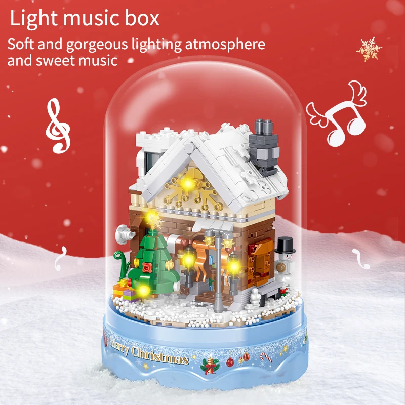 MOC Navidad Santa Claus trineo carro caja de música juego de bloques de construcción invierno nieve hielo árbol casa DIY juguetes para niños regalos de navidad