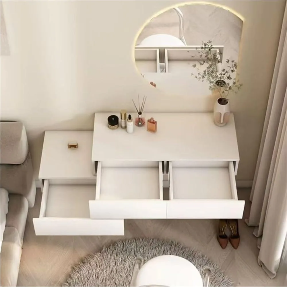 قطعتان من طاولة تزيين المكياج الحديثة المثبتة على الحائط مع درج، رف عائم أبيض مكتب خشبي مثبت على الحائط، مكتب معلق لغرفة النوم