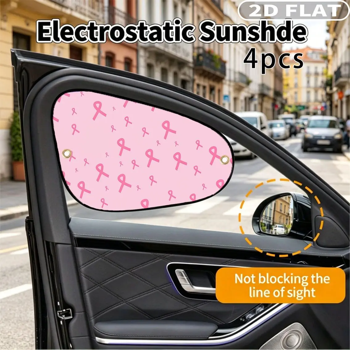 4 pare-soleil pour vitres latérales de voiture avec 8 ventouses, imprimé ruban rose de sensibilisation au cancer du sein, rideaux occultants pour vitres latérales de voiture