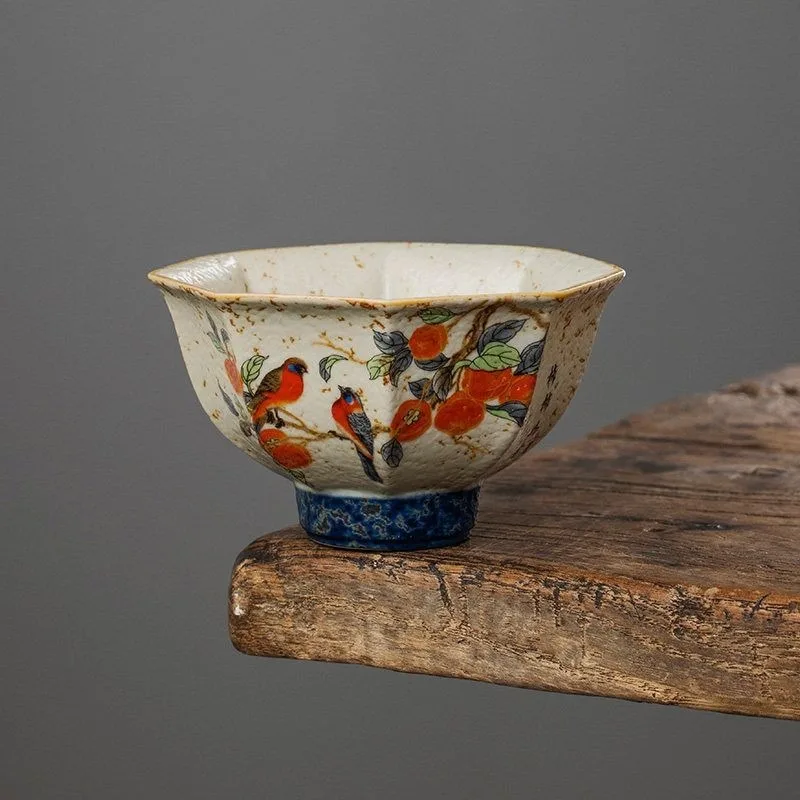 Blue Glaze Fire Red Everything Auspicious Octagonal Master Cup, Personal Ceramic Tea Set, New Chinese Kung Fu Tea Cup