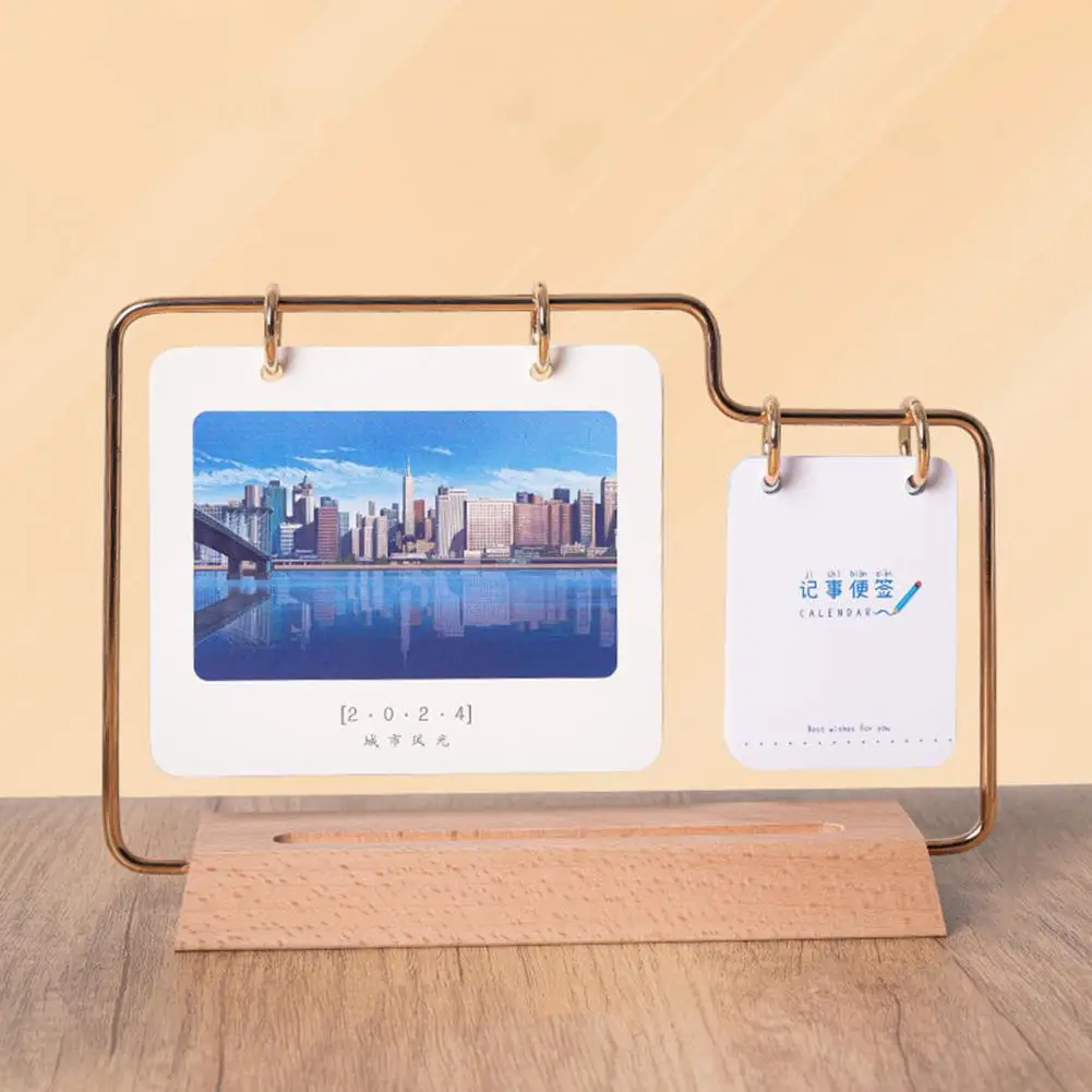 Thickened Desk Calendar with Pen Slot Desk Calendar with Solid Wood Base 2024 Solid Wood Desk Calendar with Metal for Home