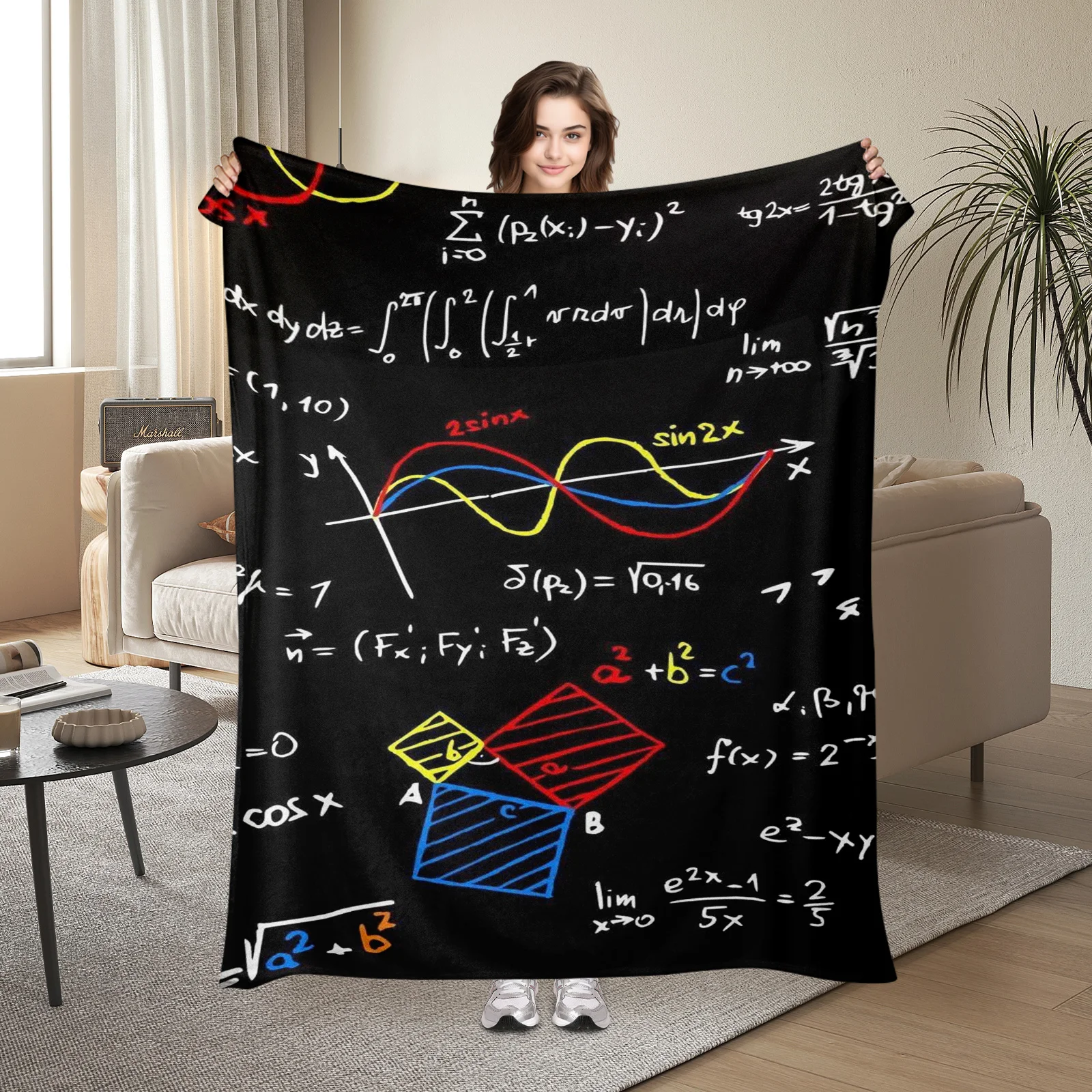 Elegant Math Formula Graphics Blanket Using Blue, Red, And Yellow Lines, Merging Science And Art In A Cozy Design