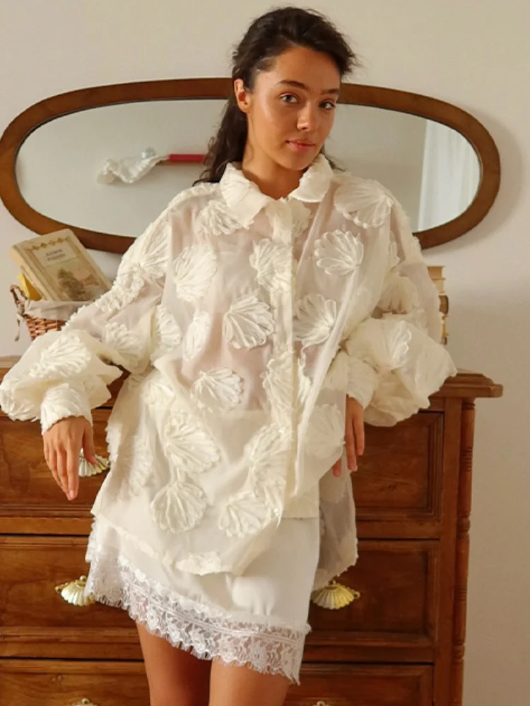 Women's Summer Blouse Three Dimensional Flower Shirt Turn-Down Collar Long Sleeved Sheer Layers Top 2026 Casual Women Cardigan