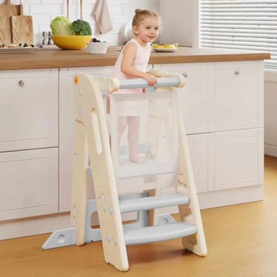 

Foldable toddler tower kitchen stool helper for home learning, birch wood with grey finish, adjustable height 3-level safety ra