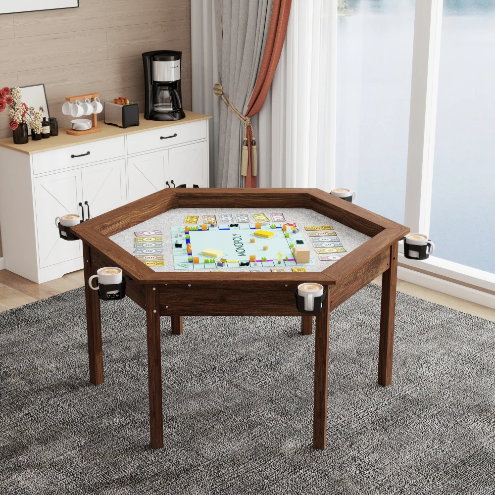 

6-person detachable children's table, hexagonal game and dining table with solid wood legs, anti slip, rotating cup holder