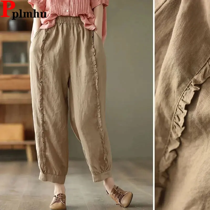 

Vintage Thin Oversize bloomers Women Summer Elastic High Waist Harem Pants Ankle Length Baggy Pantalones Casual Jogger Spodnie