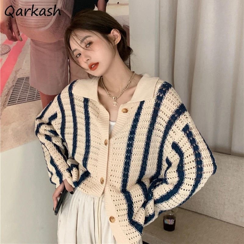 

Chic Hollow Out Striped Knitted Cardigan Women Fashion All-match Soft Vintage Coats Girls Young Sweet Loose Leisure Tops Ins New