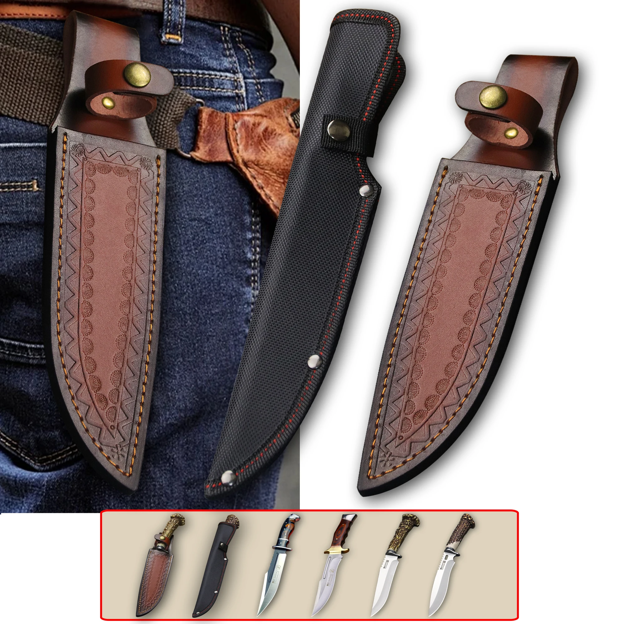 Universal knife covers, knife leather covers, handcrafted knife sheaths, portable leather knife covers, hunting knife covers