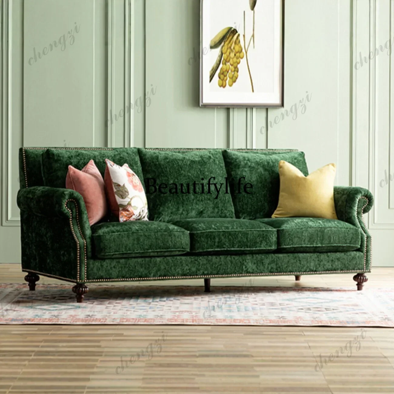 132 Retro dark green chenille three person sofa with American style rivet roll armrests, solid wood feet, living room fabric sof