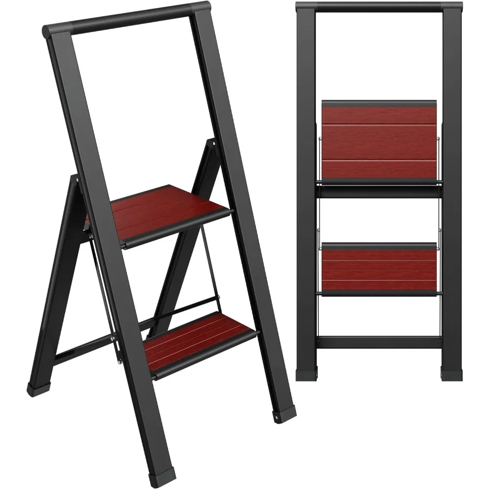 Step Ladder 2 Step Folding, Decorative - Beautiful Mahogany & Black Aluminum, Ultra Slim Profile, Anti Slip Steps