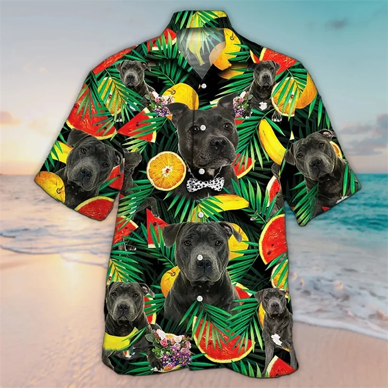 Bull Terier Dog Pattern Hawaiian Shirts Summer Unisex Clothes 3D Tropical Fruits Printed Beach Shirt Casual Bull Terrier Shirt