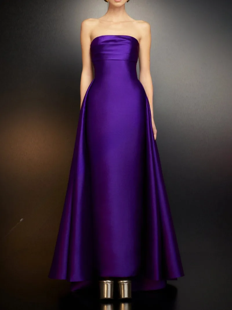 Customized Customized Luxury Purple Satin Evening Dresses Sexy Strapless Vestidos De Fiesta Elegant Solid Color Prom Dress Drape