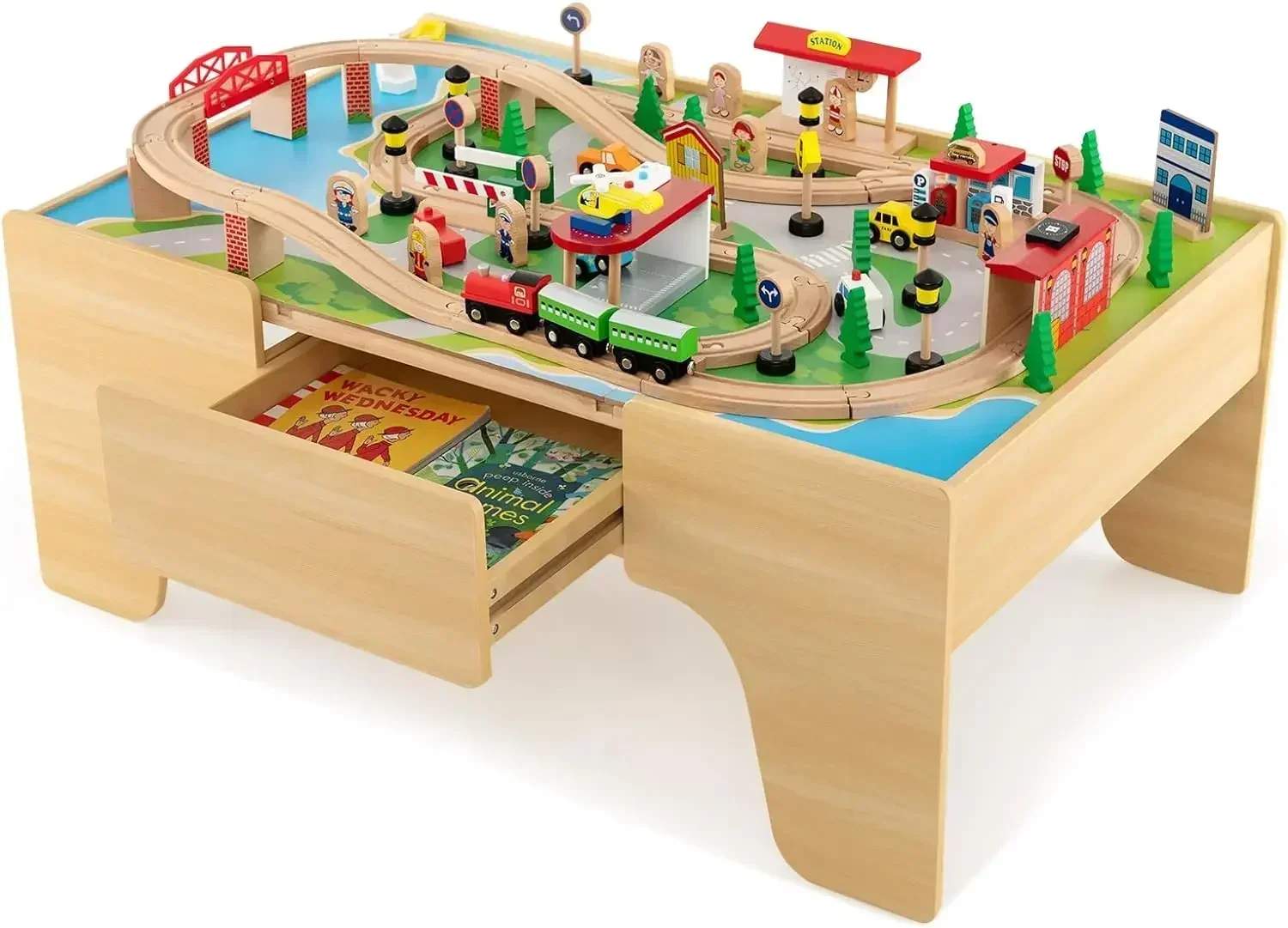 Train Table,84 Pcs,Wooden Kids Activity Table Playset with Reversible & Detachable Tabletop,Storage Drawer,Wood Tracks,Train