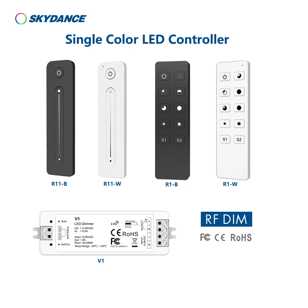 Skydance V1+R1/R11 DC5-36V 2.4GHzRF+Push Dim 0-100% Constant voltage 8A Dimming Controller For Single Color LED Strip Light