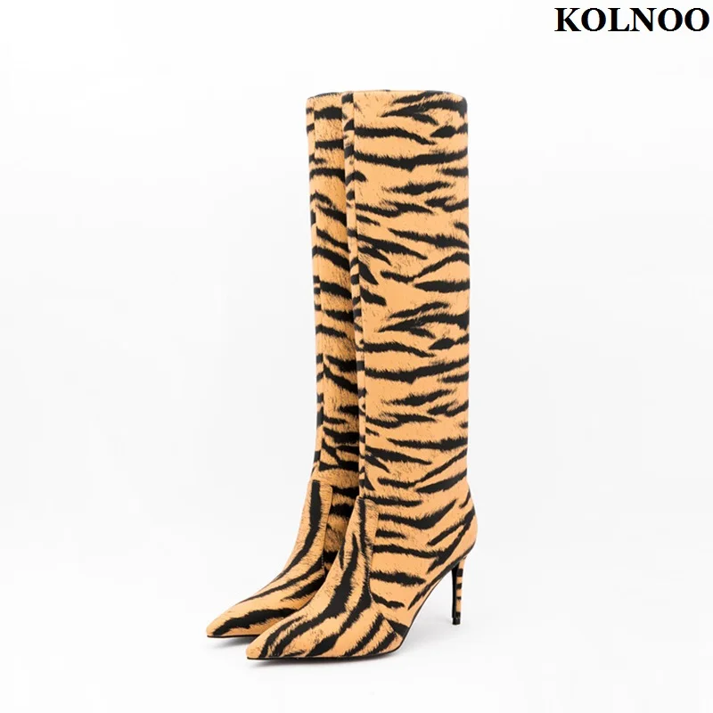 

Kolnoo Handmade New Designed Womens Stiletto Heels Boots Striped-Leather Sexy Xmas Prom Knee-Boots Evening Fashion Winter Shoes