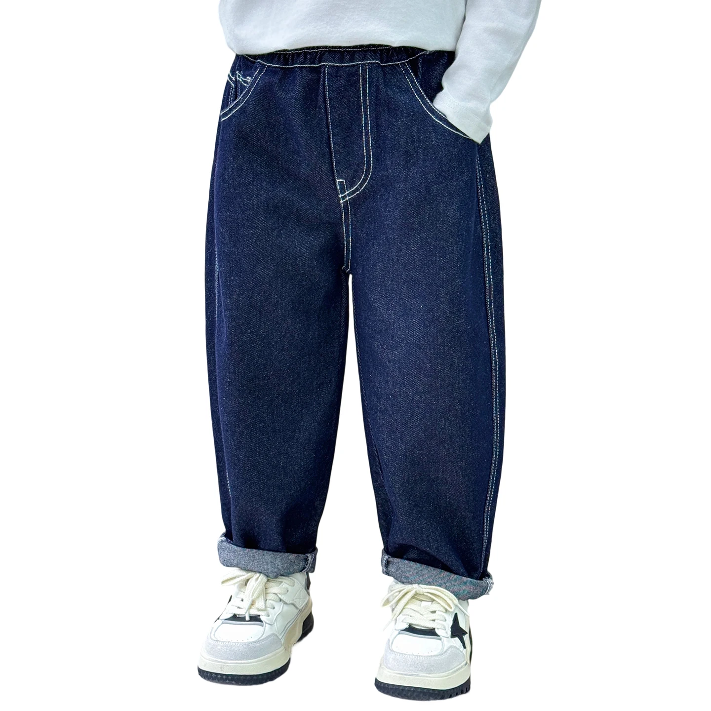 

Модные детские джинсы свободного кроя, темная джинсовая ткань, эластичная талия для легкой одежды, повседневные брюки для повседневного ношения для мальчиков