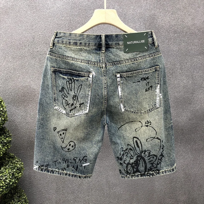 2024 New Denim Printed Shorts For Men'S Summer High-End Fashion Trend Brand Retro Casual Loose Leg Washed Knee Pants