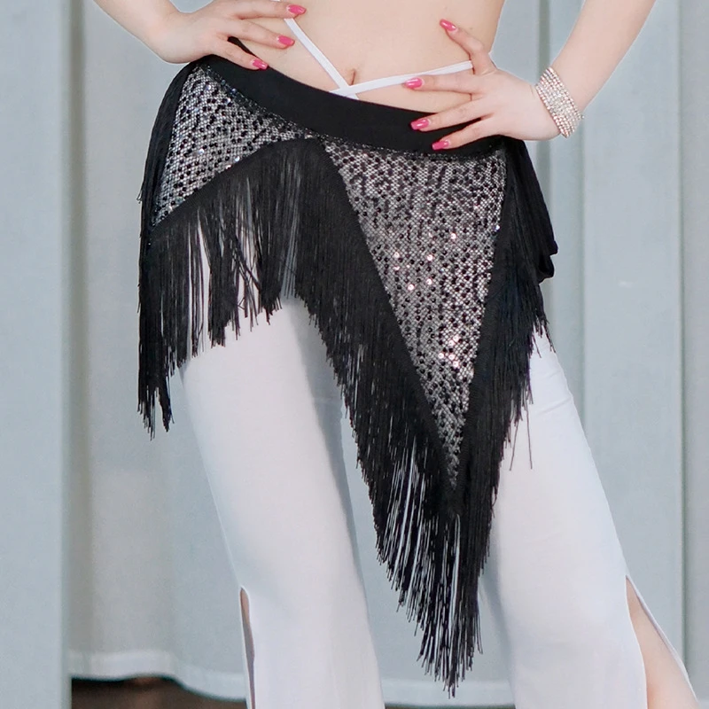Belly Dance Hip Scarf Black Sequin Tassel Triangle Wrap Skirt Belt Tribal Dancer Costume Women Festival Performance Wear