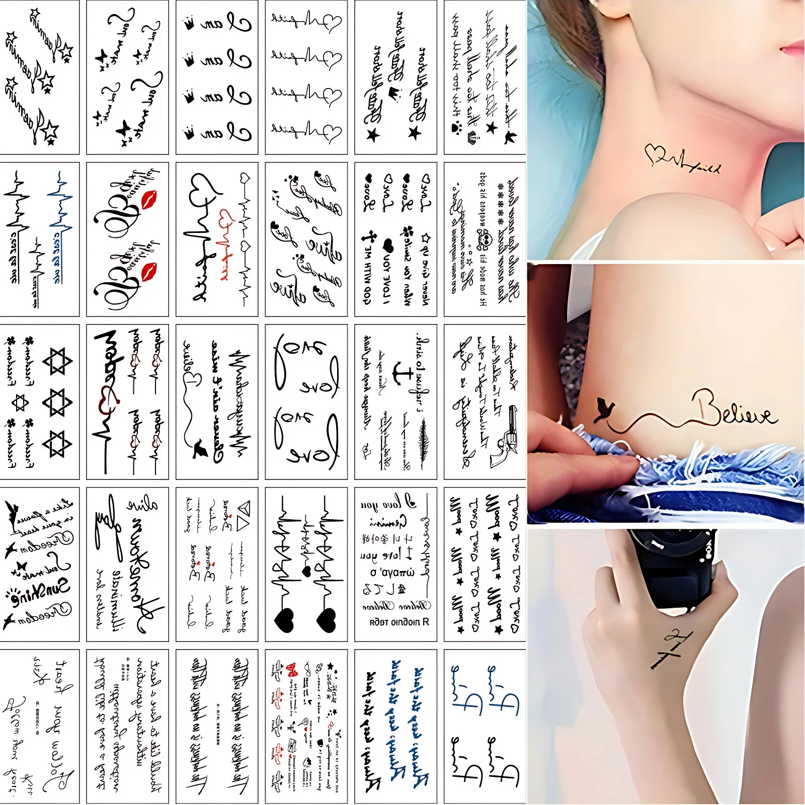 30pcs/set Fake Tattoo for Men Women Wrist Hand Leg Neck English Writing Quote Electrocardiogram Star Tattoo Stickers Disposable