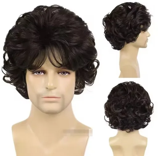 Synthetic Afro Wig Male Fluffy Curly Wig with Bangs Heat Resistant Short Wigs for Men Natural Black Cosplay Halloween