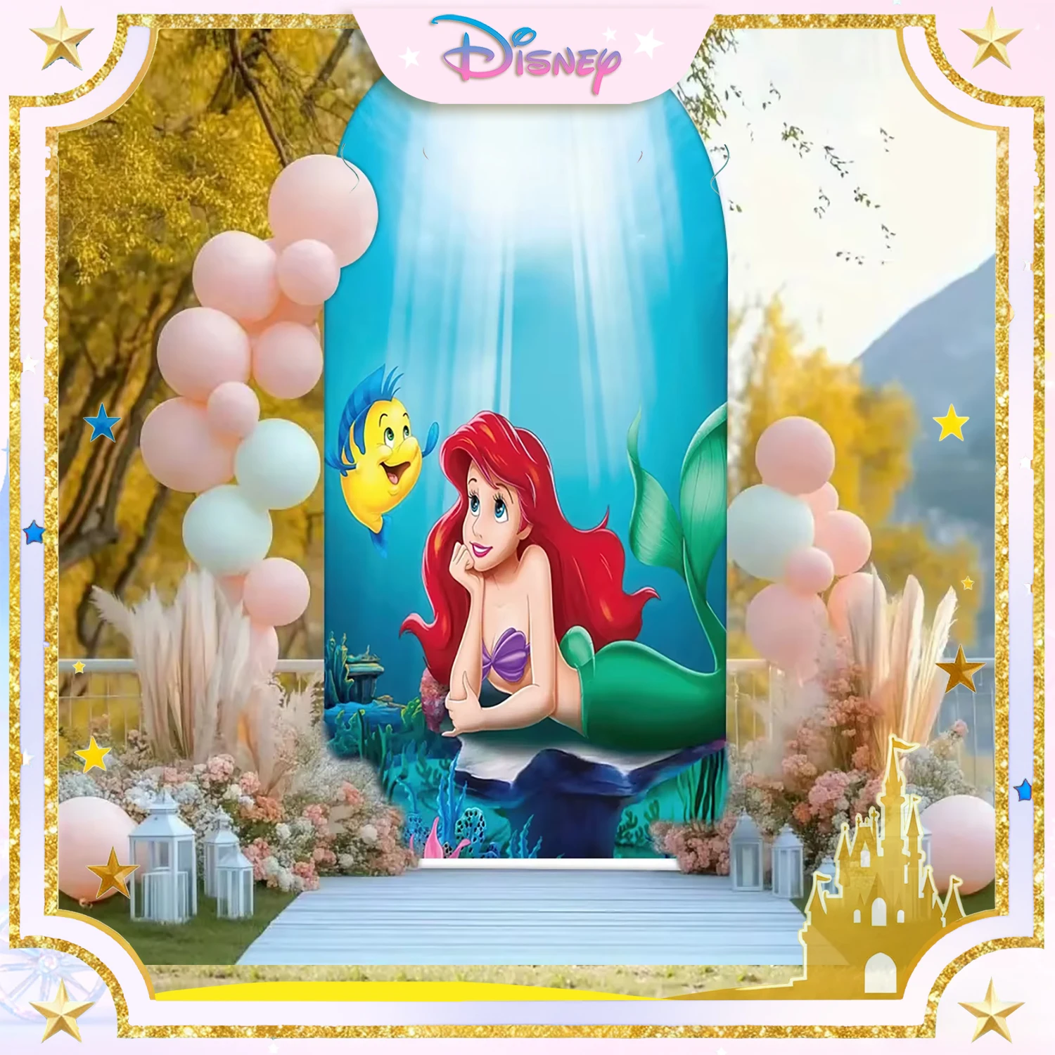 

Disney Ariel Pink Balloon Arch + Backdrop Wall, Mermaid-Themed Children's Birthday Party Backdrop