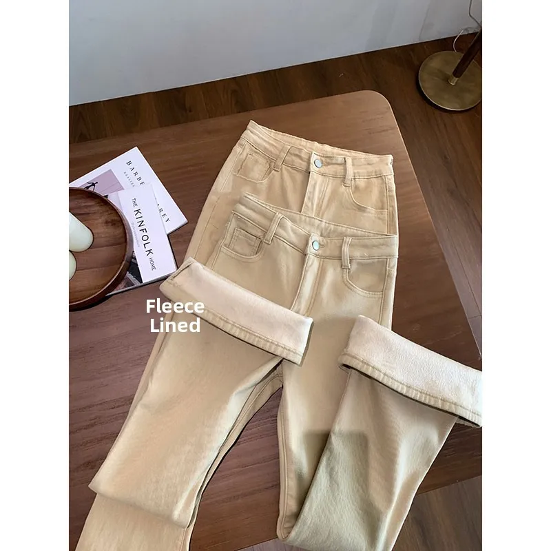 Jeans micro svasati foderati in Fce retrò Pantaloni lunghi casual Dimagranti Chiusura con cerniera a vita alta Colore puro Versatile Autunno Inverno...