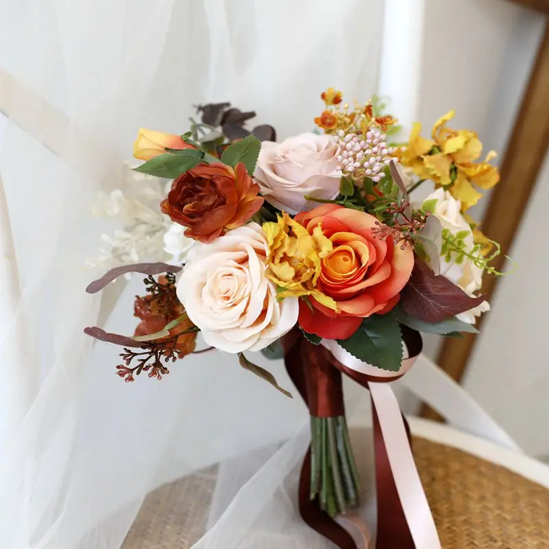 Whitney Wedding Collection 2022 Autumn Yellow Mix with Orange Roses Nature Flowers Bouquet de Mariage