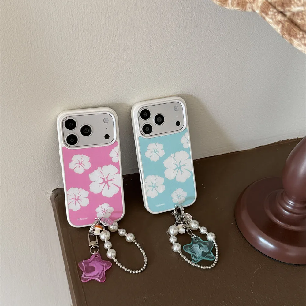 Hawaiian Aesthetic Floral Phone Case For iPhone 17 Pro Max 16 15 Pro Max Pink With Pearl Wrist Strap Star Charm Cute Cover