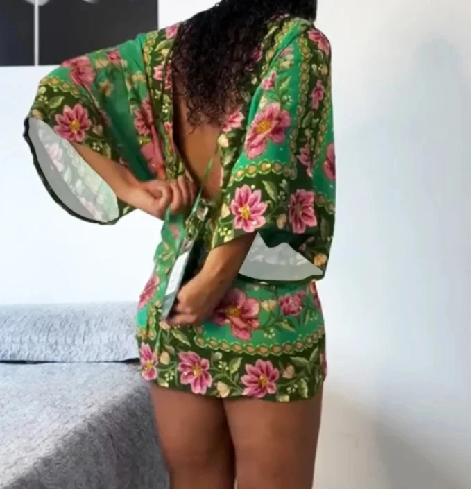 

Summer Women Vacation Casual Dresses Female Fashion Floral Print V-Neck Batwing Sleeve Tied Detail Backless Sexy Mini Dress