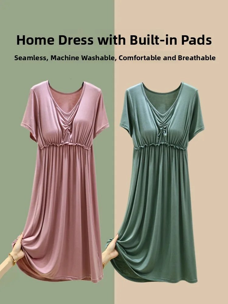 Loose Modal Sleep Dress Women's Summer Short Sleeve V-Neck Knee-Length Home Clothes Thin Model Can Be Worn outside Casual Hom...