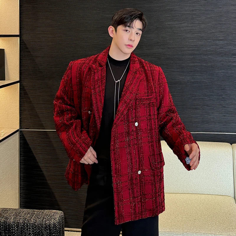 IEFB 2024 Autumn Men\'s Suit Jackets Casual Woolen Shiner Plaid Double Breasted Chic Button Loose Male Blazer Personalized 9C8125