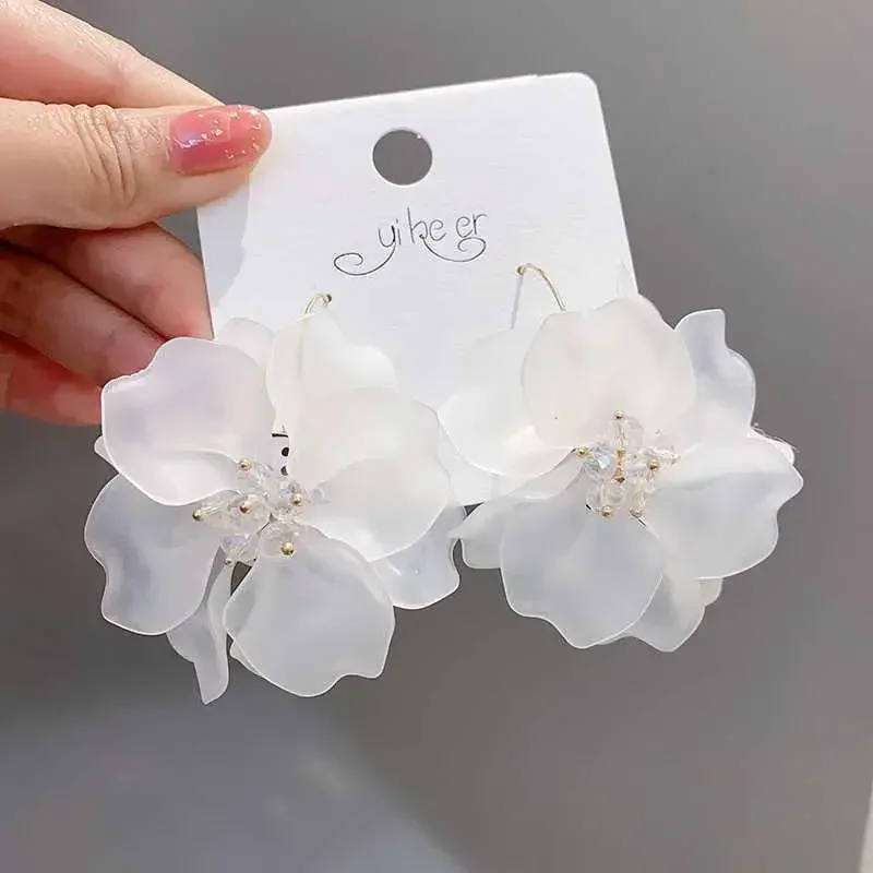 Korean Elegant Flowers Petal Hook Earrings for Women Girl Gold Color Metal Big Flower Dangle Earrings Wedding Jewelry Brincos