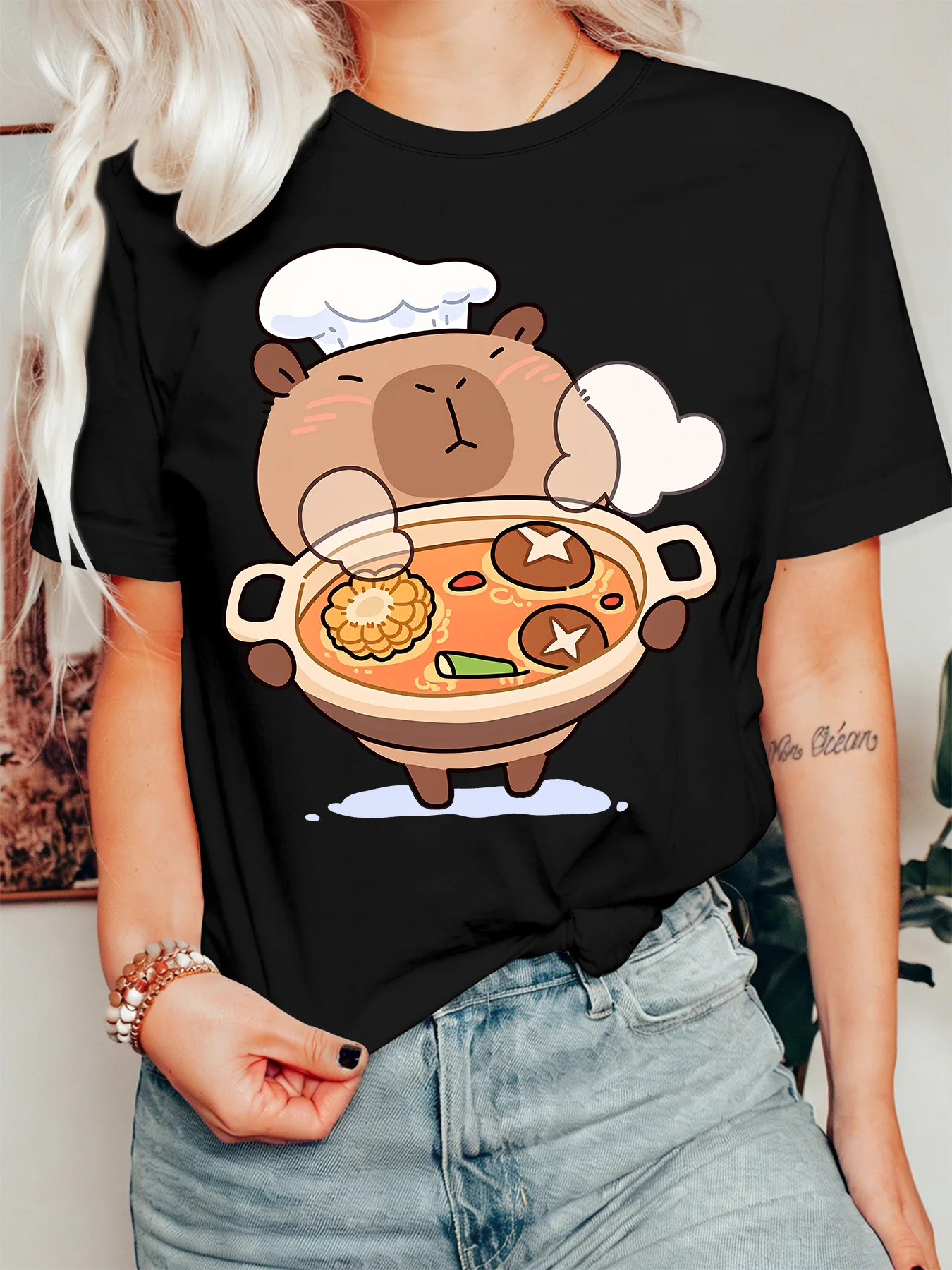 Cute Chef Hat Capybara Making Hot Pot Womens T Shirt Funny Food Animal Cartoon Graphic Tee Short Sleeve Casual Daily Ladies Tops