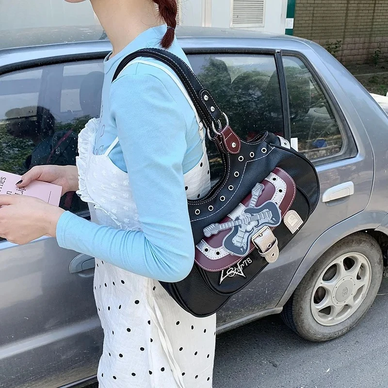 Women's Vintage Distressed Denim & Faux Leather Patchwork Bag | Rivet-Embellished Buckle Shoulder & Underarm Handbag