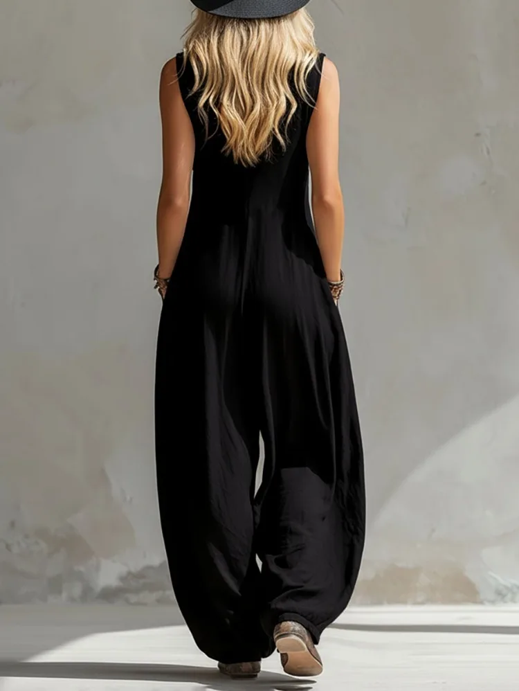 UOOZEE 2026 New Women's Sleeveless Casual Black Jumpsuit V Neck Button Front Pockets Wide Leg Overalls Loose Vacation Romper